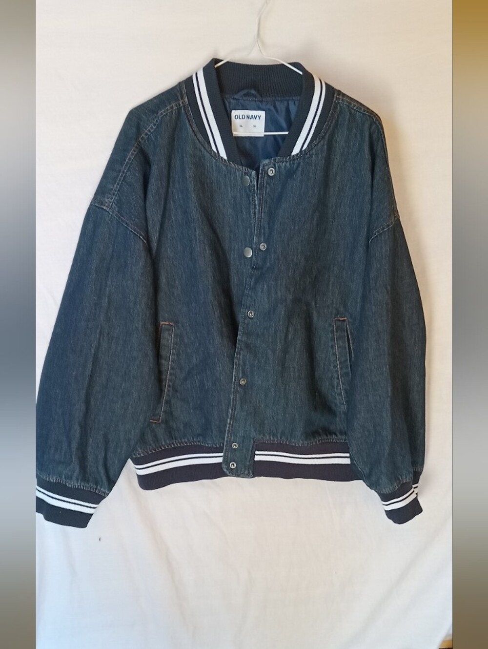 Old Navy Navy Blue Denim Bomber Jacket with Striped Trim XL